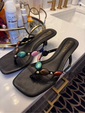 Black Beaded Slingback Thong Heels with Multicolor Stones